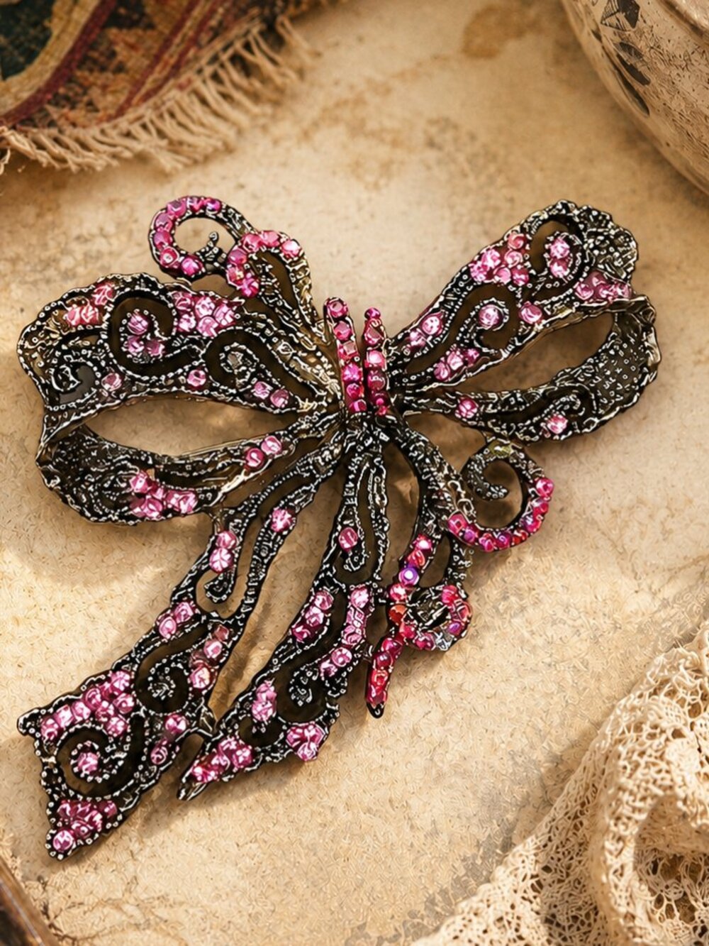 Vintage Romance Pink Crystal Filigree Bow Brooch